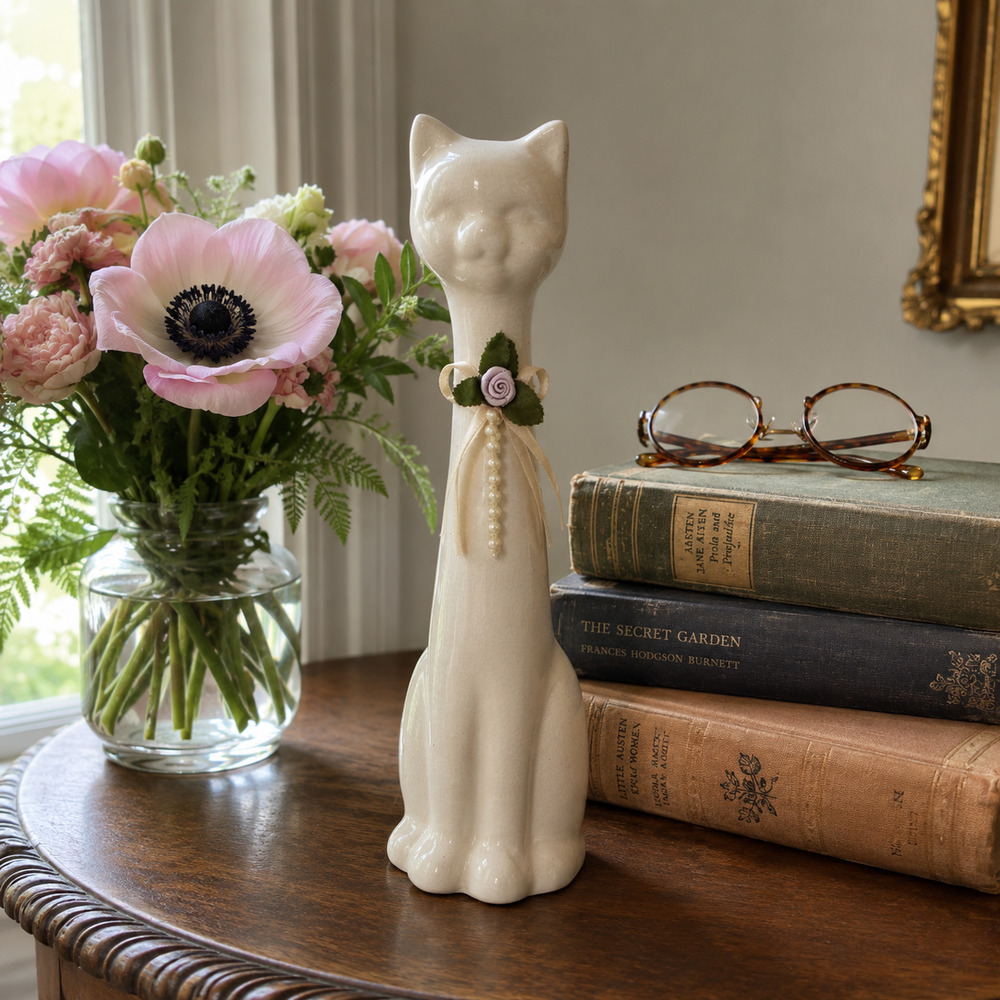 Vintage White Ceramic Cat Figurine | 10 Inch Tall Mid Century Modern Statue